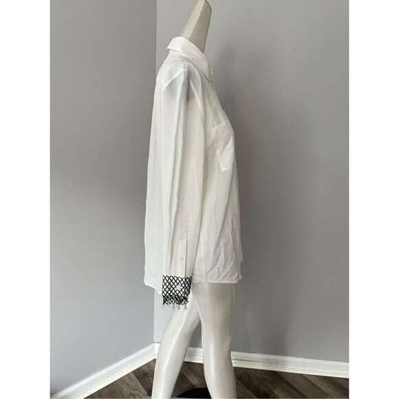 NWT Burberry Button Front Crystal Fringe Cuff Long Sleeve Silk Blouse Ivory Sz 6 - Picture 10 of 14